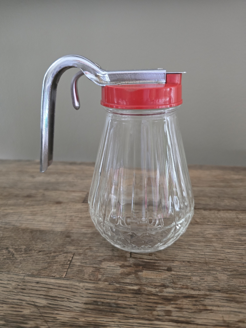 Vintage Clear Glass Pouring Dispenser with Red Lid and Stainless Spout